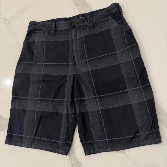 Hurley Plaid All Over Logo Flat Front Chino Shorts Men's 30 Black Skater Casual - Picture 2 of 7